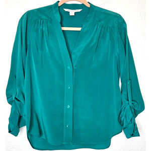 Diane von Furstenberg Womens Harlow Silk Blouse 0 Zephyr Green Roll Tab‎ Sleeve
